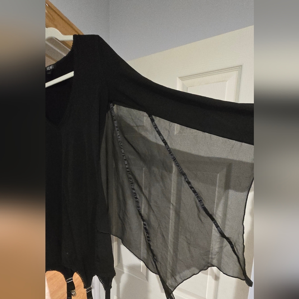 Black Batwing-Sleeve Mini Dress, Demure Costume